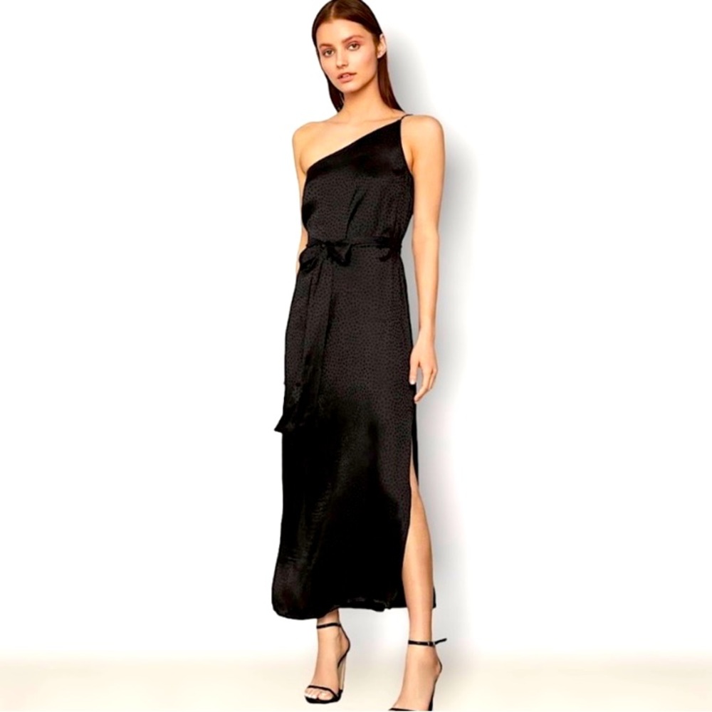 Bcbg one shoulder black print midi dress NWT size small.